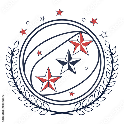 Emblematic circular design with red and blue stars and laurel wreath accents
