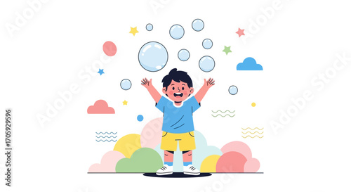 Joyful Young Boy Playing With Bubbles Amidst Colorful Clouds And Stars