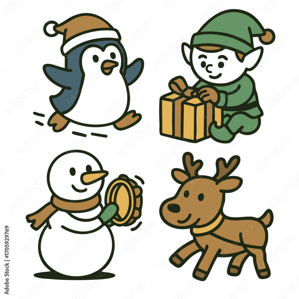 Obraz premium Penguin with hat, elf with gift, snowman with tambourine, reindeer, festive, cheerful