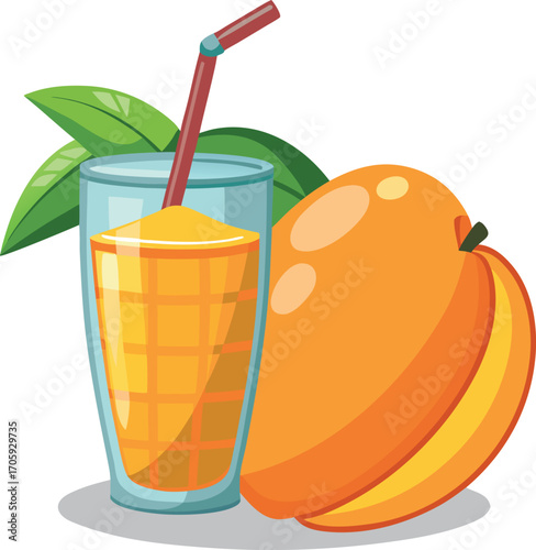 Vector art of fresh mango and mango juice in a glass with a straw, transparent background