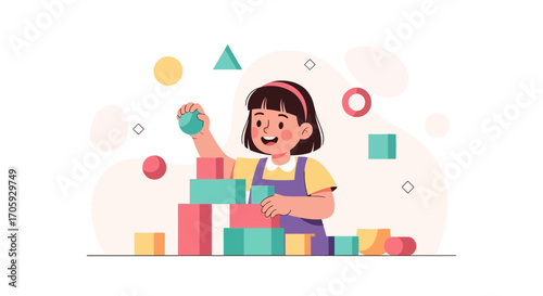 Joyful Young Girl Playing With Colorful Building Blocks and Geometric Shapes
