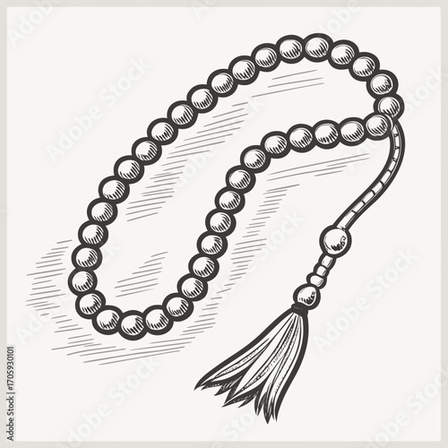 Hand drawn sketch of islamic prayer beads or tasbih with a tassel on a light background