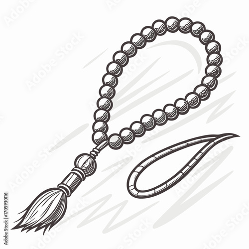 Hand drawn sketch of islamic prayer beads with a tassel and a loop on a white background with grey lines