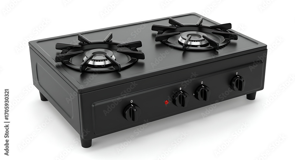 Fototapeta premium Sleek Matte Black Two-Burner Gas Stove for Compact Kitchens, Featuring Precise Control Knobs and Robust Construction, Perfect for Culinary Enthusiasts