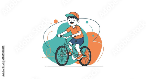 Joyful Youngster Cycling Through an Abstract Landscape Smiling Happily During the Day