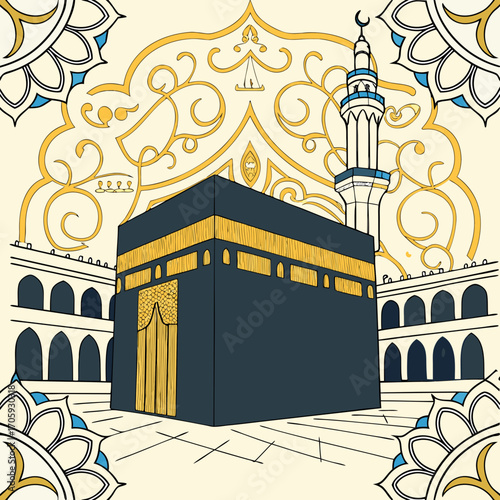 Illustrative depiction of the kaaba in mecca surrounded by traditional islamic architecture and decorative elements
