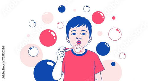 Joyful Youngster Blowing Bubbles, Dreamlike Illustration with Colorful Spheres Aesthetic