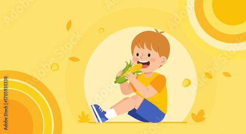 Joyful Youngster Devouring Corn, Expressing Delight with Golden Yellow Tones