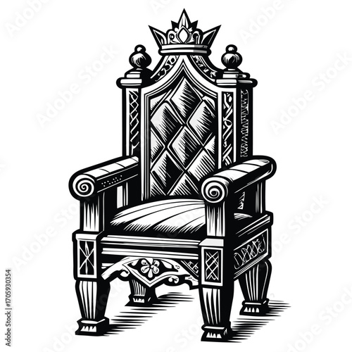 Intricate monarch throne adorned with ornate crown in black and white linework stands regally