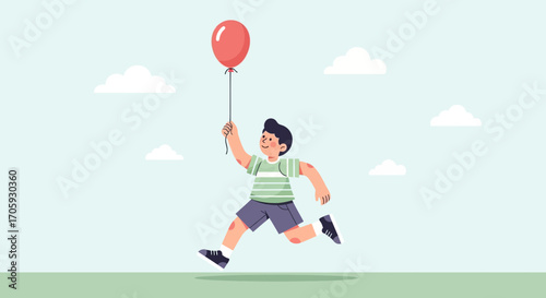 Joyful Youngster Enjoying Flight With a Red Balloon, Soaring High on Delightful Day