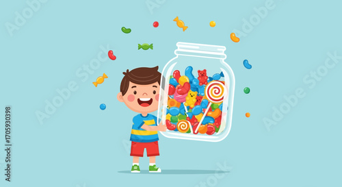 Joyful Youngster Holding a Jar Overflowing with Delicately Crafted and Colorful Candies