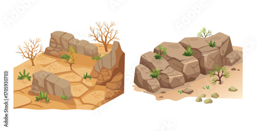 Arid rocky slope dotted with sparse hardy shrubs under the blazing midday sun Vector art design illustration