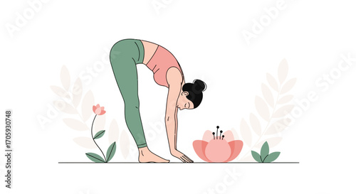 Illustrative depiction of a woman practicing yoga with decorative floral elements