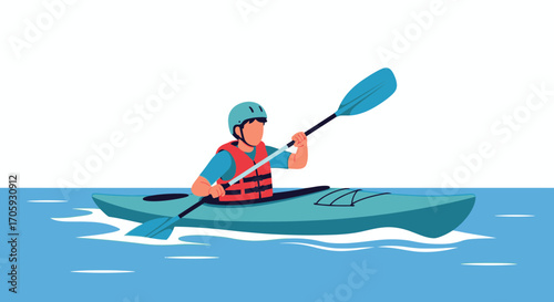 Kayaking Adventure: Exploring Waterways with Helmet and Life Vest on Turquoise Boat