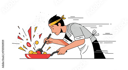 Illustrative Illustration Of A Chef Cooking Food Quickly In A Frying Pan