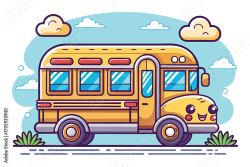 Smiling cartoon yellow school bus navigates a vibrant street beneath fluffy clouds beautifully drawn