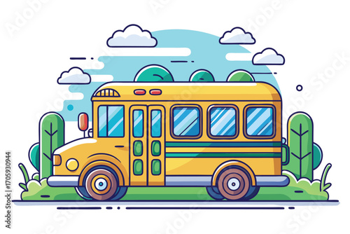 Bright yellow school bus stands outlined in trees with blue sky overhead on white