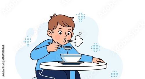 Kid Blowing Hot Soup From Spoon, Eating Healthy Meal, Digital Illustration, Dining Experience