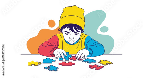 Kid Concentrating On Colorful Jigsaw Puzzle Solving, Vector Illustration, Modern Design