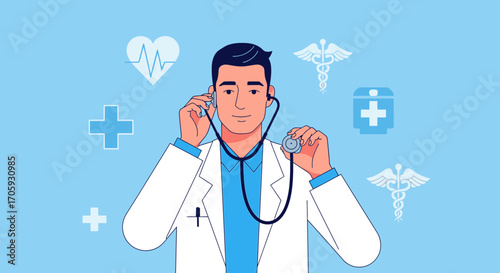 Illustrative Medical Professional Auscultating With Stethoscope, Healthcare Concept