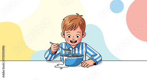Kid Enjoying Breakfast Cereal, Fresh Start, Cheerful Morning Ritual, Simple Illustration