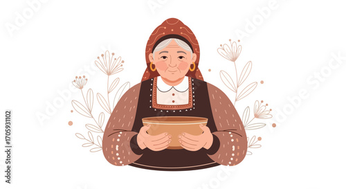 Kindhearted Elderly Woman With Pottery Bowl, Symbolizing Tradition And Cultural Heritage