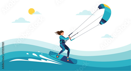 Kitesurfing Enthusiast Glides Across The Water Surface With Colorful Kite And Boarding Skills