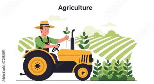 Illustrative Representation Of Agricultural Tractor Cultivating The Farmland During The Harvest