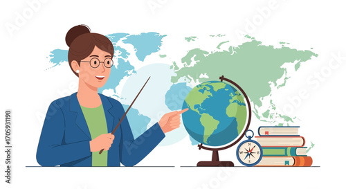 Knowledgeable Educator Teaching Geography With Globe, Compass, and Maps For Study