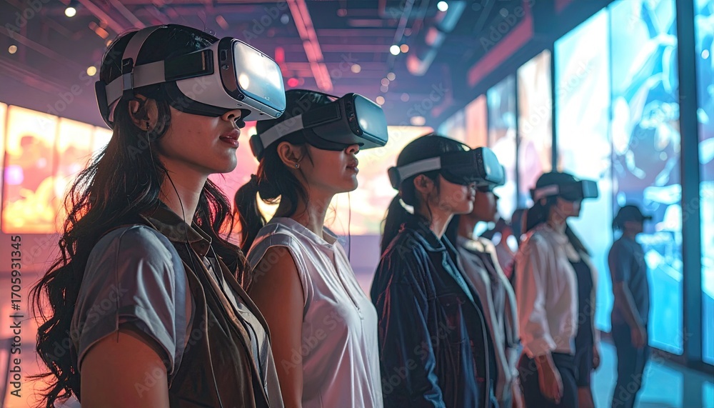 Obraz premium Diverse Group of Engineers Immersed in VR Product Design Visualization in Bright Clean Room with Blue Glowing Display and Modern Tech Equipment