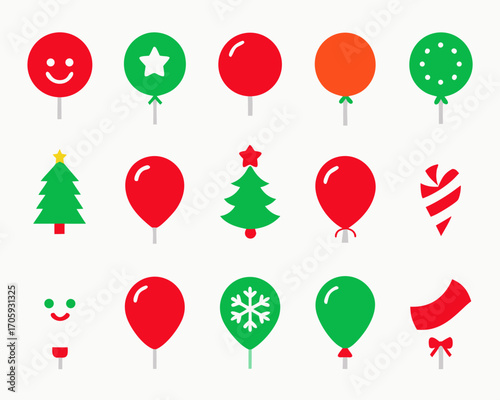 Festive christmas icons featuring balloons and trees