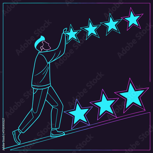 Man climbing stairs adding stars to a rating system representing customer feedback and success