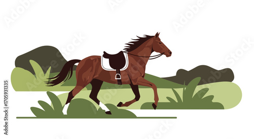 Illustrative Steed gallops joyfully over verdant terrain under the serene sky