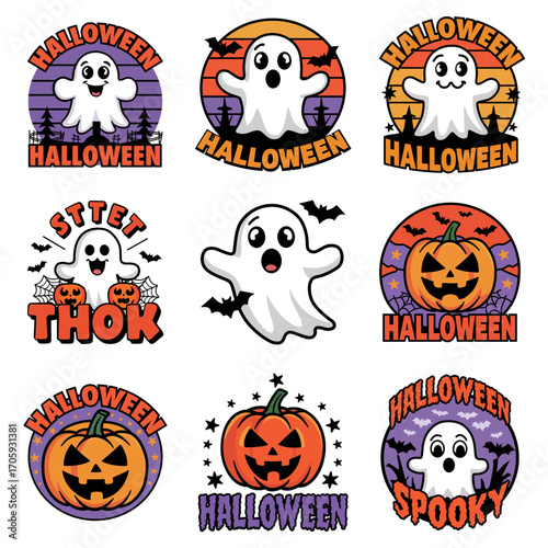 Halloween Retro Style Ghost  Pumpkin Sticker SVG Bundle