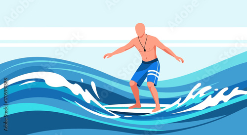 Illustrative Surfer Navigating Dynamic Waves On A Sunny Day In Vivid Colors