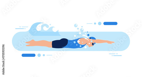 Illustrative Swimmer Demonstrating Endurance Swimming in a Clean Minimalist Aquatic Setting