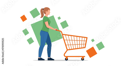 Lady Pushing Shopping Cart With Abstract Background, Purchases, Groceries, And Retail