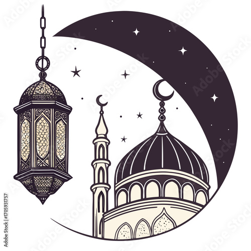 Ornate islamic lantern hangs in front of a crescent moon and mosque dome under a starry night sky