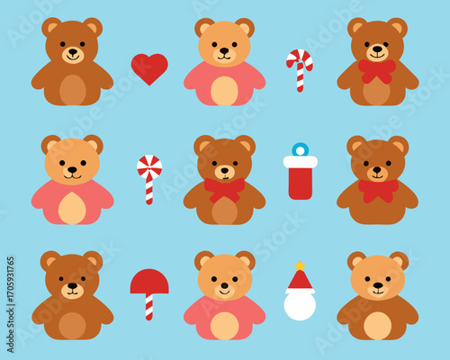 Cute teddy bears and festive holiday icons on blue background