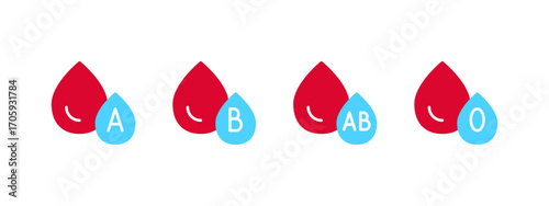 Blood Type Icon Set: A, B, AB and O Droplet Symbols for Donation, Transfusion and Medical Infographics. Isolated Blood Group Samples. 
