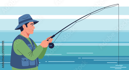 Leisurely Fisherman Casting His Line in Serene Waters on a Calm Day of Pursuit