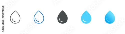 Water Drop Icon Set: Outline, Filled and Gradient Blue Droplets for Hydration, Rain and Nature Themes
