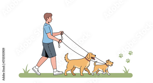 Leisurely Stroll: A Man Walking Two Dogs Along Green Grass in Sunny Day