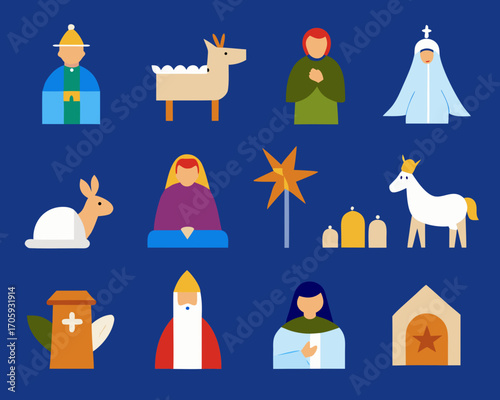 Stylized flat design nativity scene characters and symbols