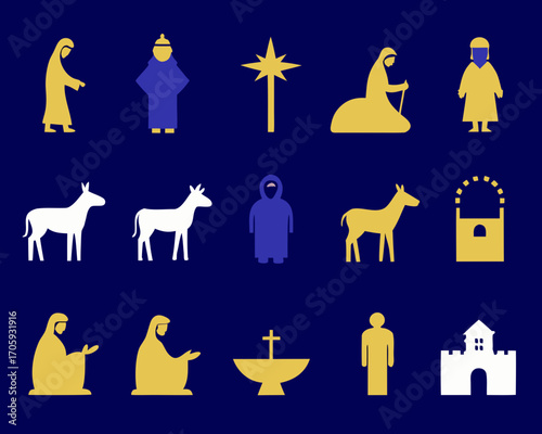 Stylized nativity scene icons with animals and buildings