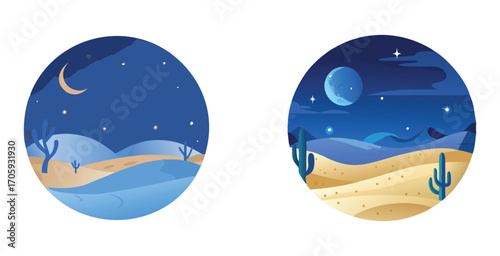 Ethereal desert landscape bathed in soft moonlight Vector art design illustration