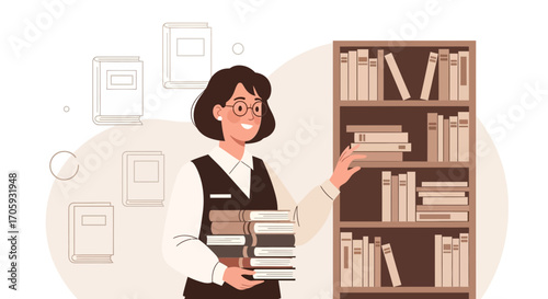 Librarian Organizing Bookshelf And Holding Texts, Illustration For Reading And Education
