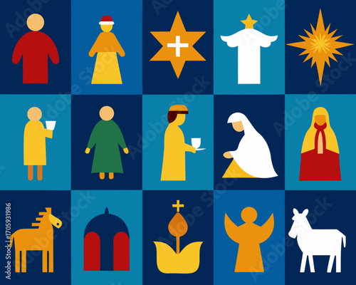Colorful geometric nativity scene icons on blue background