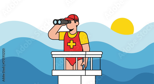 Lifeguard Scans The Ocean For Safety Using Binoculars During A Sunny Afternoon