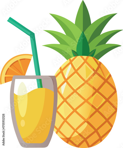 Vector art of fresh pineapple and orange juice with a slice of orange, transparent background